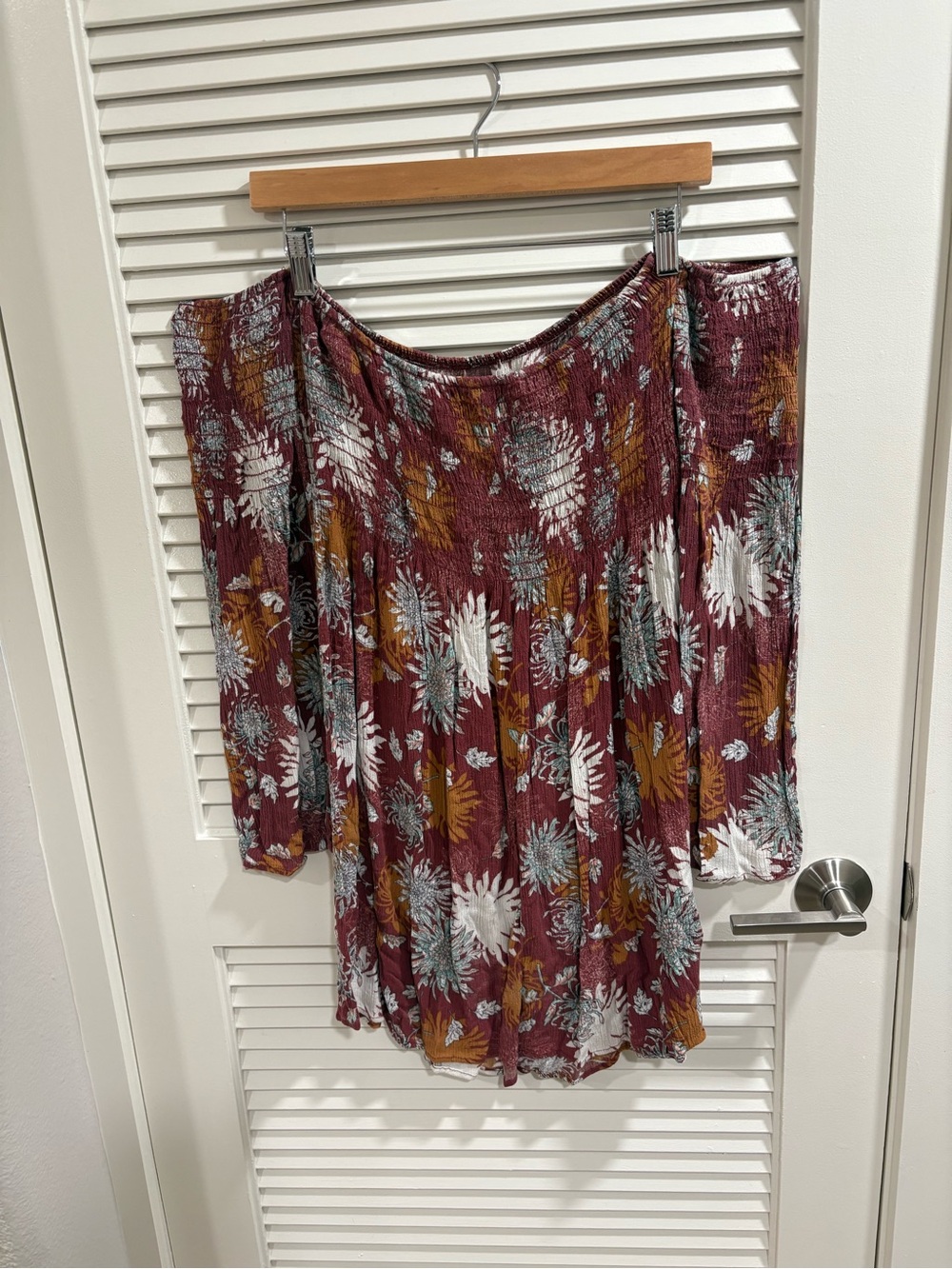 Sun & Shadow Off-Shoulder Floral Dress in Burgundy, White & Mustard